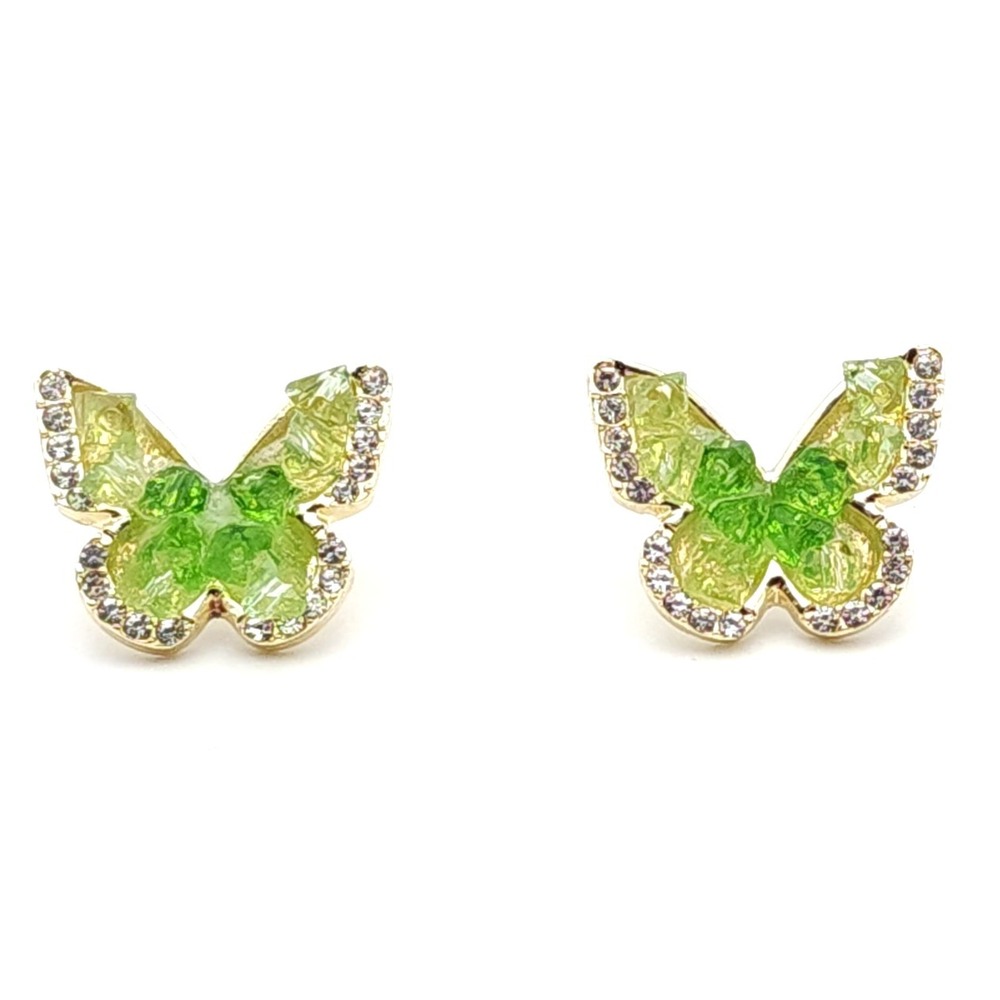 Gold Tone Green Crystal Butterfly Stud Earrings Rhinestone Elegant